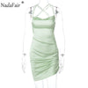 Nadafair Ruched Satin Mini Sexy Dress Woman Back Bandage Off Shoulder Silk Spaghetti Strap 2022 Summer Club Party